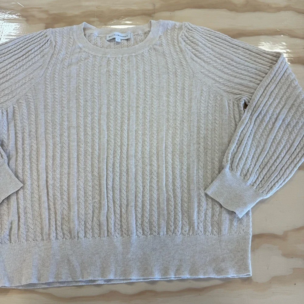 White + Warren Knit Lightweight Linen Blend Beige Cable Knit Crew Neck Sweater L